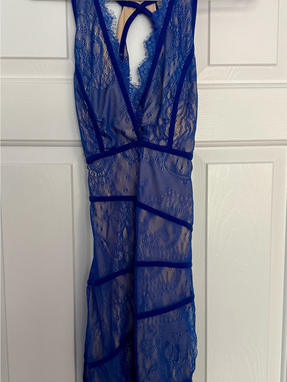 Arden B Sheer Lace Deep V Chemise in Royal Blue